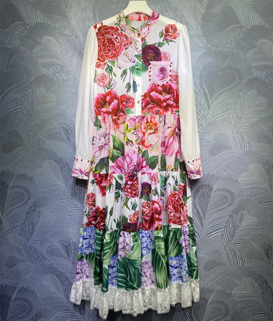 

Spring 2021 Runways Women's stand collar floral print long sleeves Dress C587