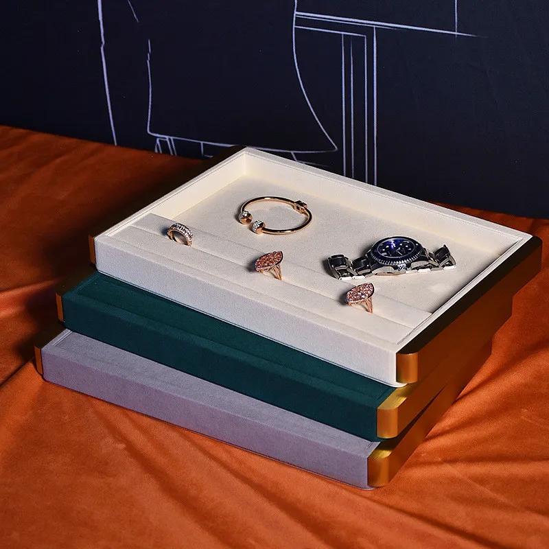 

Hot Super fiber Trays Metal Frame Watch Display Stand Earring Ring Organizer Beige Black Green Gray Jewelry Storage Holder