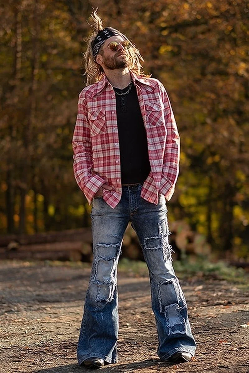 

Брюки-клеш мужские в стиле ретро, эластичные штаны из денима с нашивками, модная повседневная одежда в стиле пэчворк