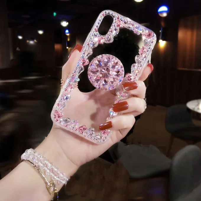 Блестящий Алмазный 3D Держатель подставка Прозрачный чехол для iPhone X XR XS MAX 7 8 6S plus для samsung S8 S9 S10 E чехол для Note