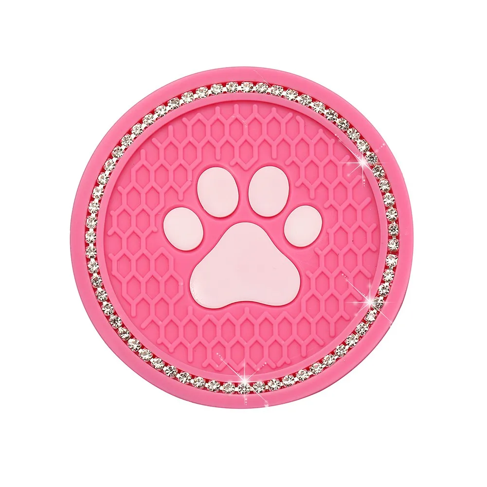 

2pcs Pink/black Cat Paw Water Cup Coaster Car Plug-in Beverage Non-slip Mat Bling Car Coasters Cup Holder Pad Interior Accessory