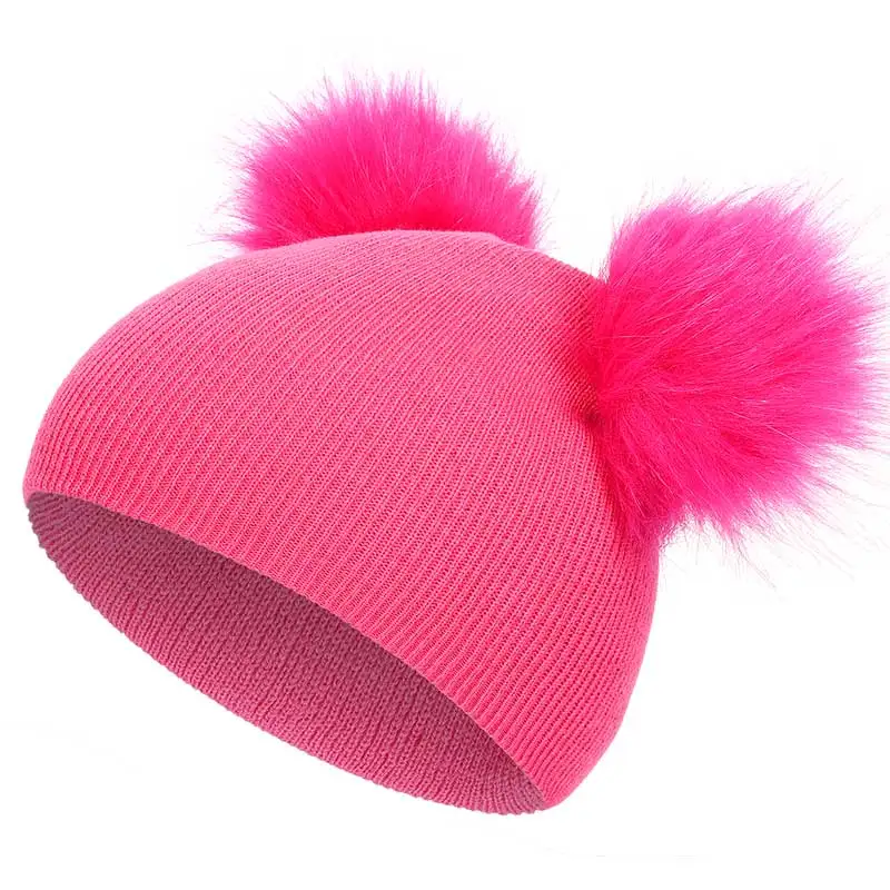 Dark Pink Милая детская зимняя шапка с помпонами для мальчиков и девочек, одноцветные вязаные шапки с забавными пышными шапками, высококачественные хлопковые детские удобные теплые шапки в горошек - Цвет: Dark Pink