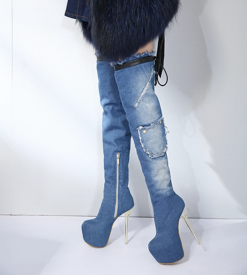 Bottines Femme/женская зимняя обувь; синие джинсовые сапоги выше колена; женские модные высокие сапоги; сапоги на платформе и каблуке 16 см; женские сапоги на высоком каблуке