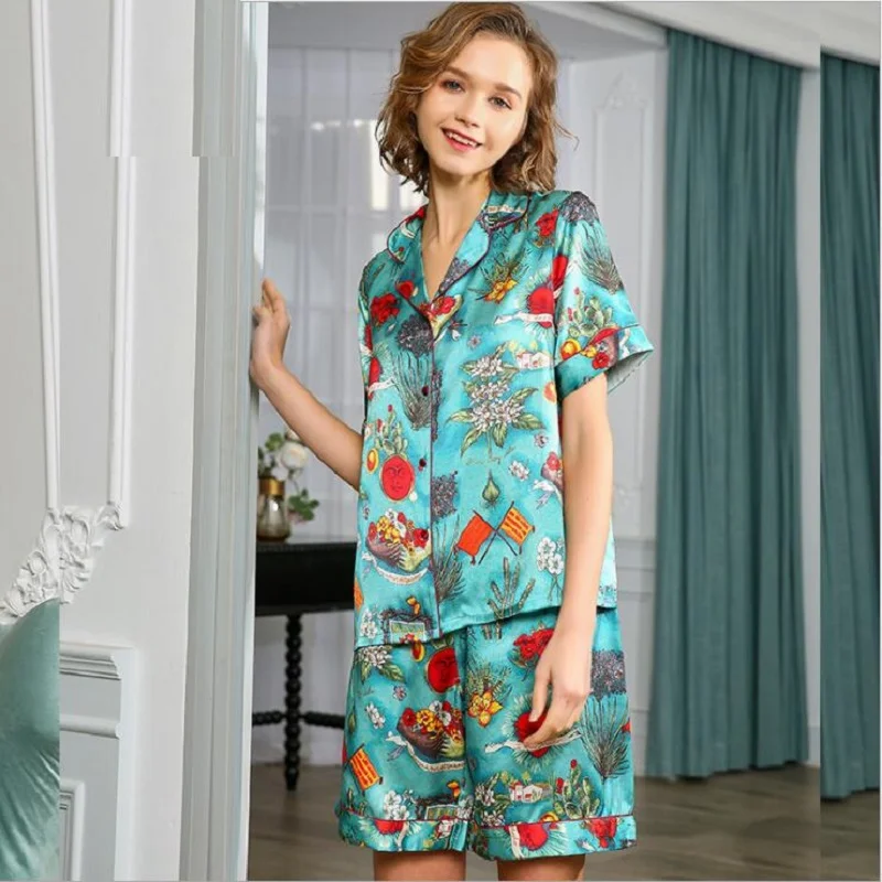 Woman 100% SilK Stain Pajamas Sets Short Sleeve Shirts and shorts Set Summer Homewear Sleepwears Sets 2020 Sleep Pyjama Sets