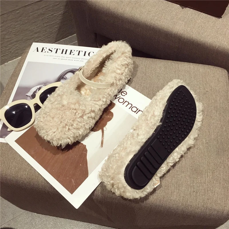 

Winter Warm Flats Shoes Women Wool Fur Loafers Buckle Furry Slides Casual Slip on Round Toe Shoes Comfortable Zapatos De Mujer