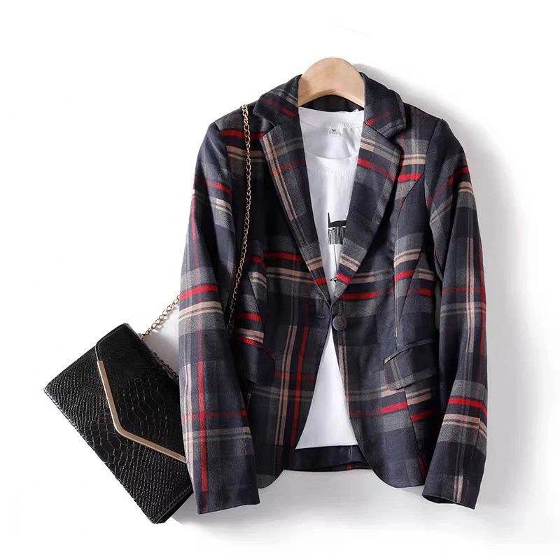 

2021 New Jacket Women Spring And Autumn Korean Style Suit Long-Sleeved Plaid Jacket Thin Section
