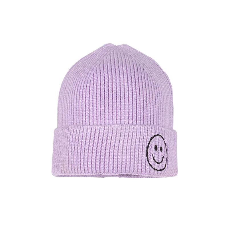 

European and American fashion woolen caps earmuffs hoods solid color children's hat, embroidery smiley parent-child knitted hats
