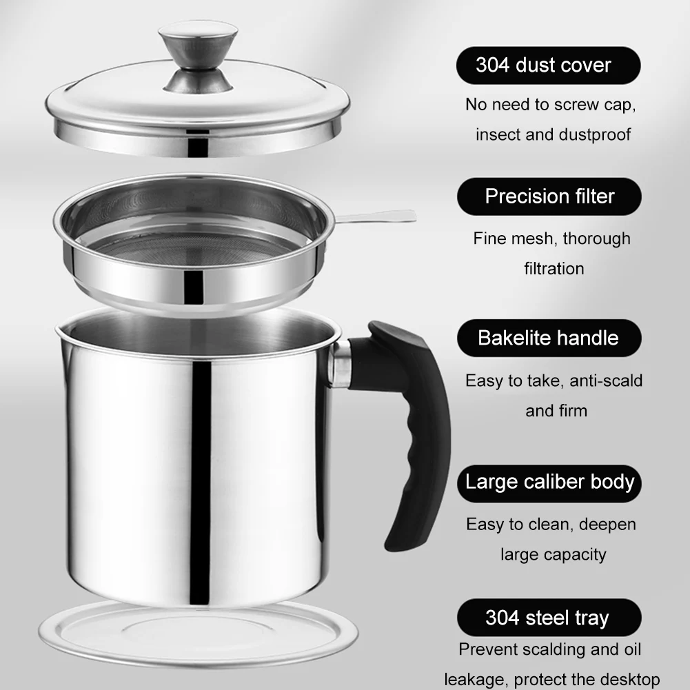 Stainless Steel Lard Tank 1.3L Oil Separator Large Capacity Cooking Storage Filter Pot Bottle with Dust Cover Kitchen Tools | Дом и сад