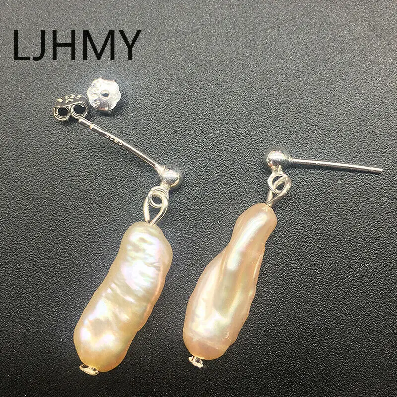 LJHMY 925 пробы серебряный шар розовый палочка настоящий пресноводный жемчуг Висячие серьги для женщин серьги Модные ювелирные изделия