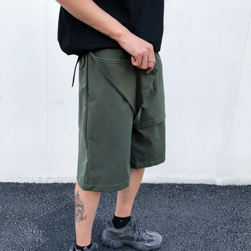

High Quality Multi-Pocket Stylish Mens Cargo Short-Pants Hip Hop Summer Male Elastic Waist Casual Shorts Loose Ribbon Streetwear