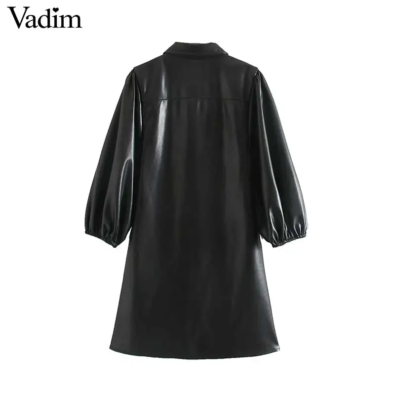 Vadim women elegant solid PU leather mini dress three quarter sleeve turn down collar straight female chic casual dresses QC941