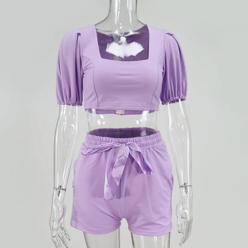 

Puff Sleeve Crop Top Suits With Shorts Women's Summer Suits Lace Up High Waist Short Pants 2 Piece Sets 2021 Ladies T-shirt Set