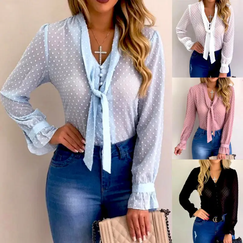 

Women V Neck Long Sleeve Blouse Ladies Casual See Through Bandage Tops Elegant Shirts Plus Size Fashion Solid Clothes 2019