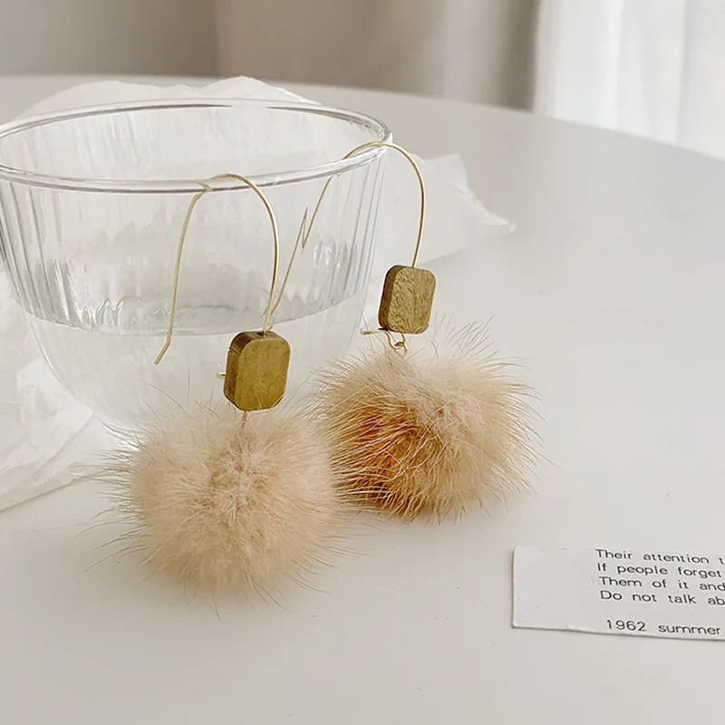 

LOVOACC Korean Cute Pluffy Hairball Earrings for Women Girl Soft Plush Ball Wooden Geometric Drop Earrings Autumn Winter Jewelry