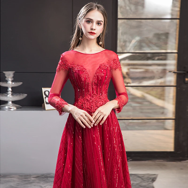 

Vintage Lace Long Sleeve a-line Prom Dresses Applique Flowers Beading Scoop Neckline Custom Made Evening Dress sequins