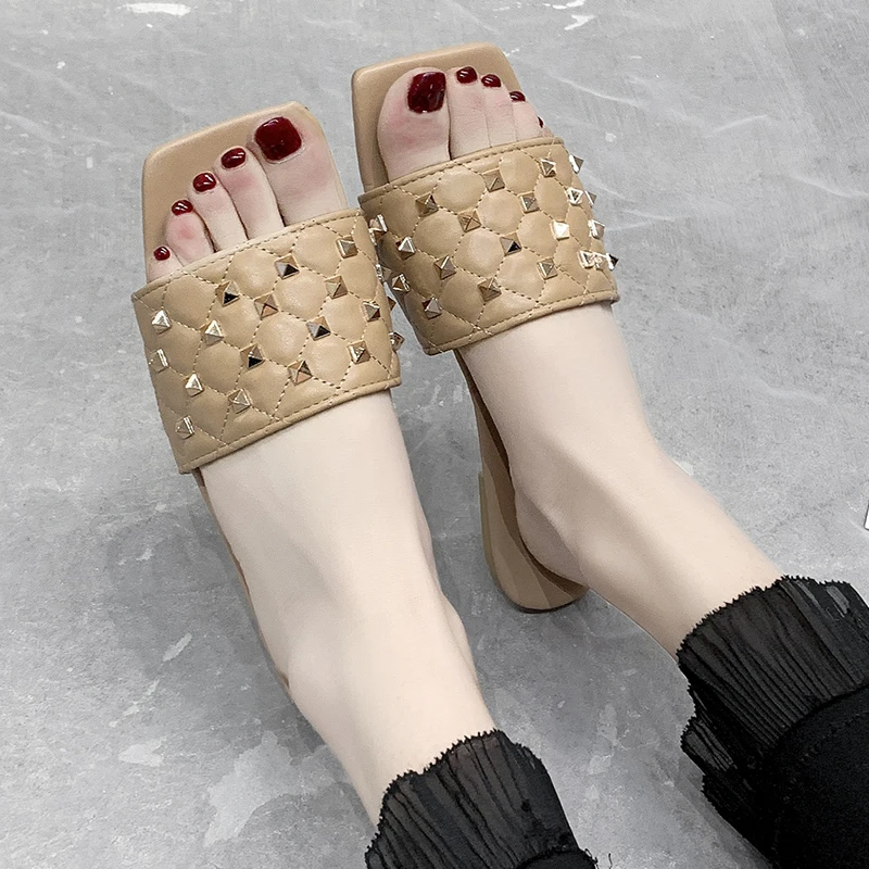 Light stream fashion slippers ladies square toe flat shoes girls summer 2021 sandals and slippers casual sandals and slippers