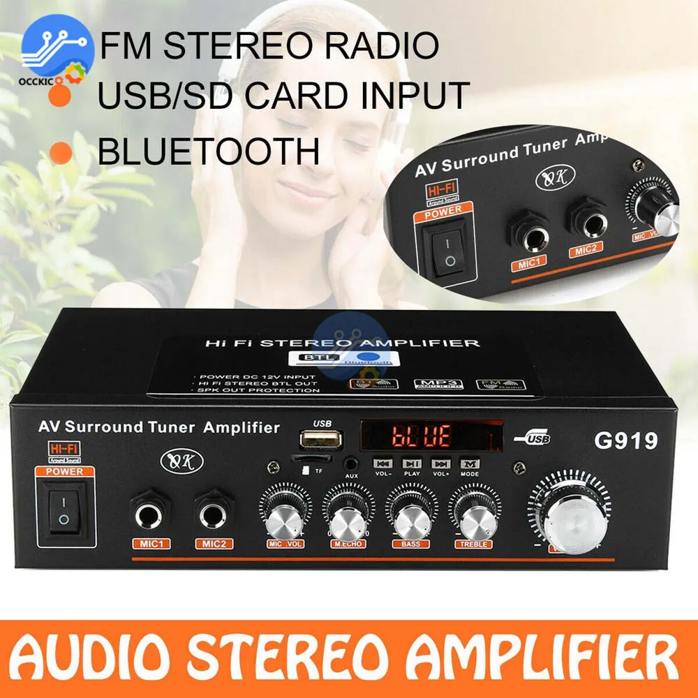 Усилитель Bluetooth DC12V AC110V-220V цифровой аудио стерео объемный тюнер усилитель 2CH FM SD HIFI