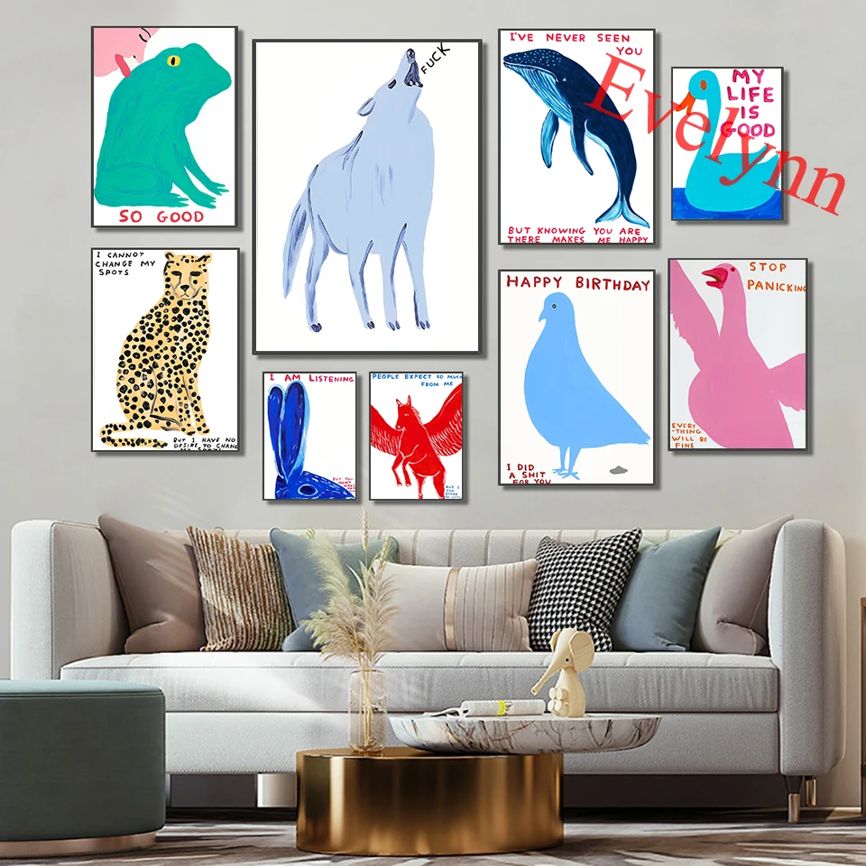 

David Shrigley Art Posters,Animal Art,Rabbit Cat Dog Wolf Chicken Deer Elephant Leopard Living Room Decor Canvas Wall Art Prints