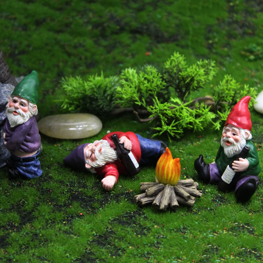 4 Pcs Fairy Garden Drunk Gnomes Miniature Ornaments Set Mini Dwarf Bonfire Statues for Planter Flowerpot Decor Accessories | Дом и сад