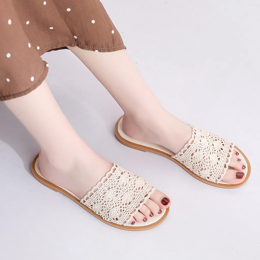 

Шлепанцы LLOGAI женские домашние, плоская подошва, кружевные, модные сандалии с открытым носком, круглый носок, домашняя обувь