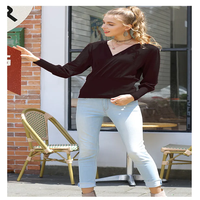 

Spring 2021 New Women's T-shirt Solid Color Sexy V-neck Knitted Women's Top Long Sleeve Slim Lantern Sleeve Women's Coat A331