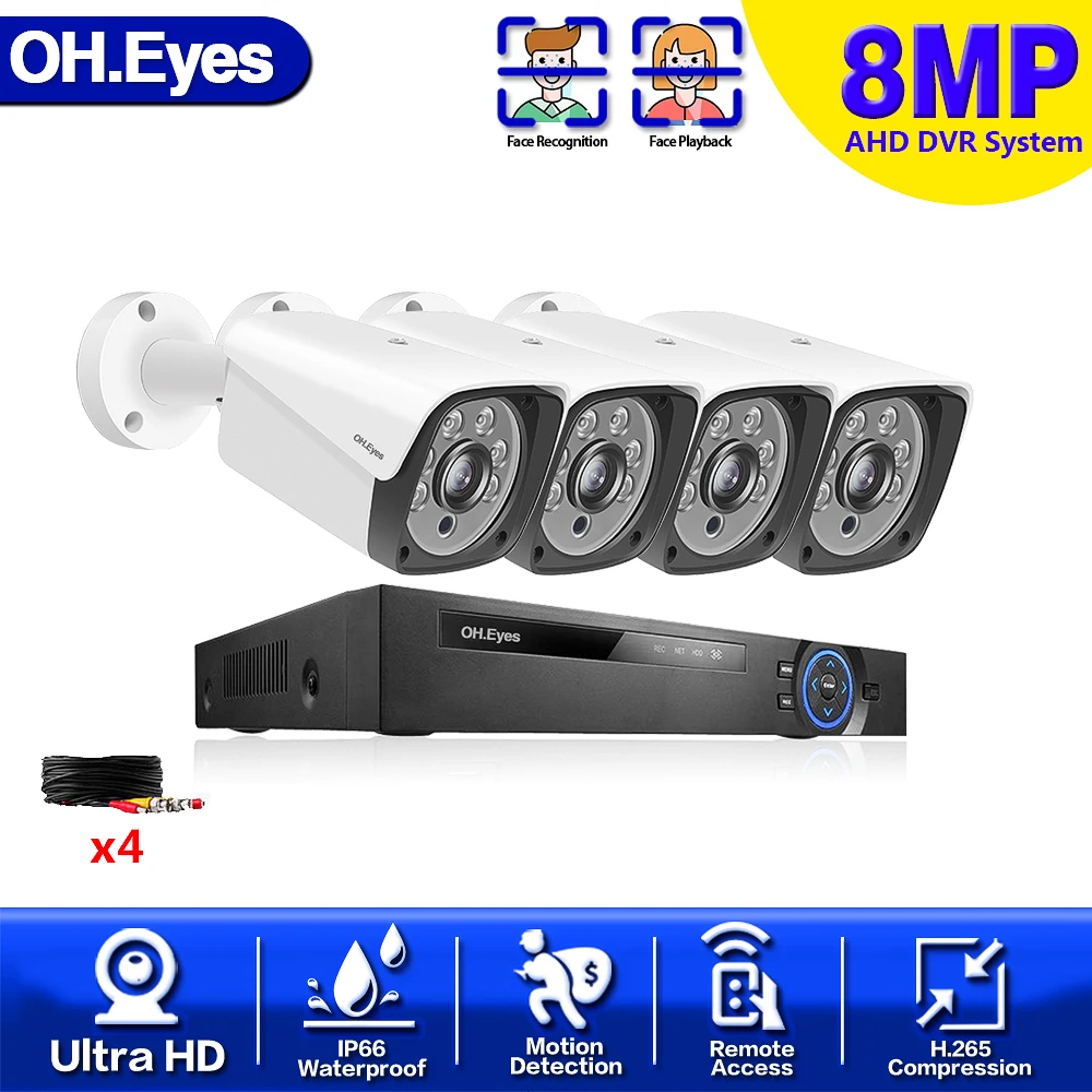 

4CH Video Surveillance Kit 4K HDMI DVR CCTV System For Home Security 4PCS 8.0MP AHD Camera Video Surveillance Set with 1TB HDD