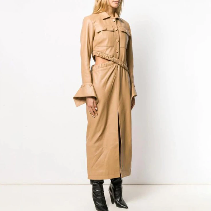 Комплект из двух предметов Женская ассиметричная кожаная куртка + разрез | одежда