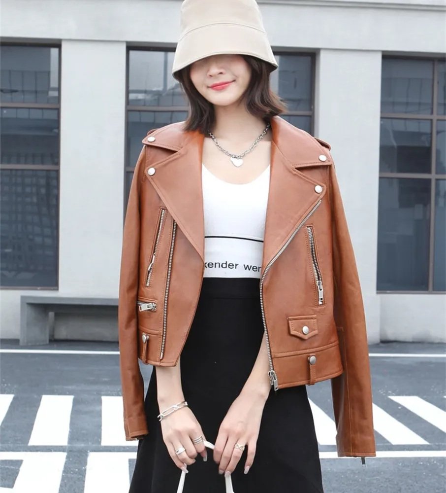 

Ladies Genuine Leather Jacket Sheepskin Coat 100% Real Sheep Leather Jacket Women Motorcycle Top Female Outerwear Plus Size XXXL