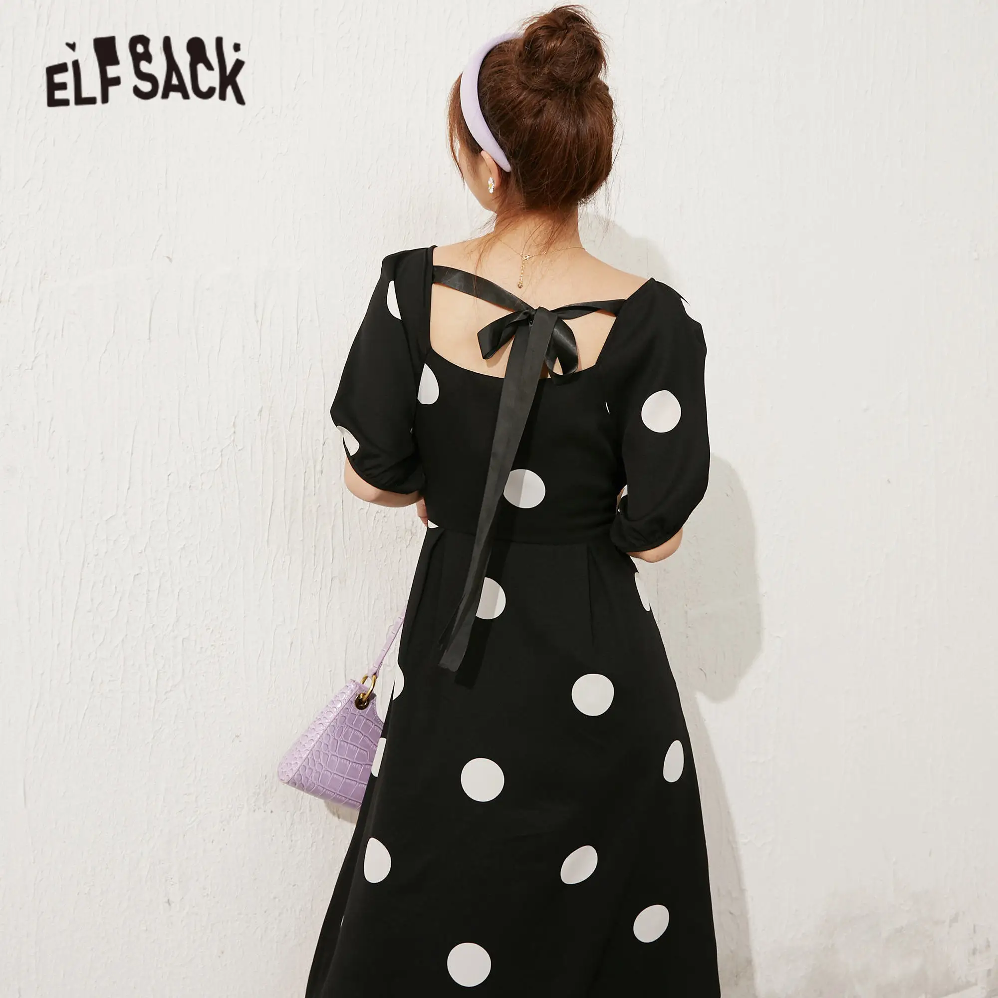 Женское шифоновое платье ELFSACK черное винтажное в горошек с открытой спиной на