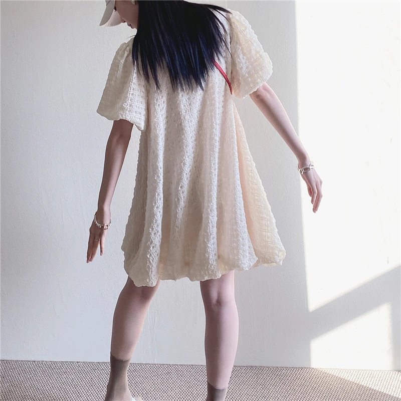 

Summer Dress Korean Vintage O Neck Short Bubble Cotton Solid Color Mini Casual Pullover Dresses M357