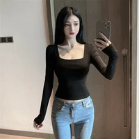 sexy square collar exposed collarbone bottomed shirt for women clothing autumn t shirts slim long sleeve t shirt woman tshirts