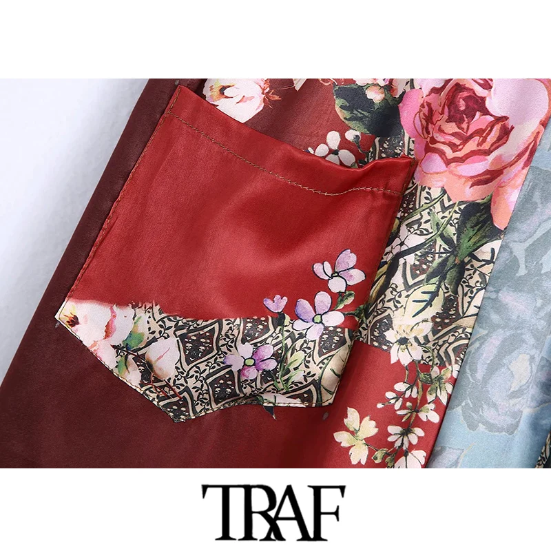 

TRAF Women Chic Fashion Patchwork Print Straight Pants Vintage High Elastic Waist Side Pockets Female Trousers Mujer