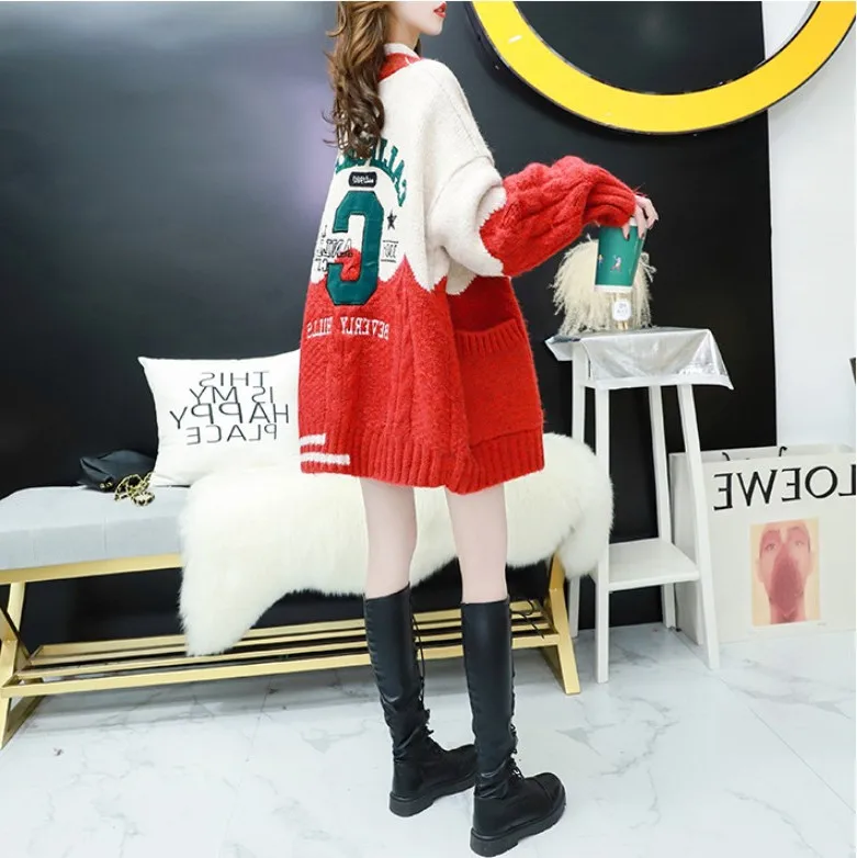 

2020 Women Oversized Cardigans V Neck Letters Embroidery Casual Patchwork Loose Jumpers Thick Warm Spring Knit Jacket Coat