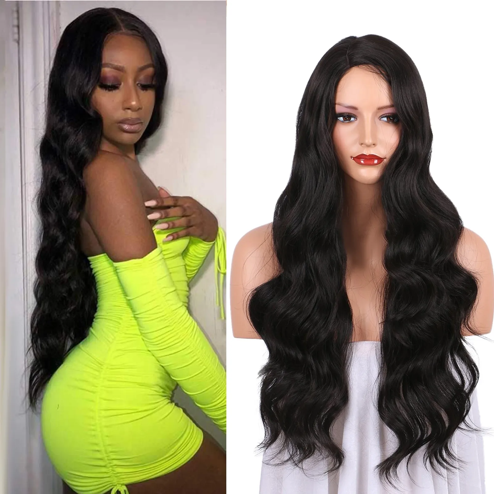 

Новинка, натуральные волнистые волосы, женские длинные кудрявые Синтетические шелковистые парики, повседневные Черные, средние парики, чел...