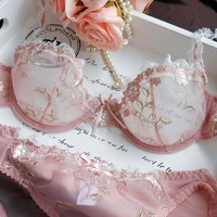 free shipping exquisite embroidery lotus pink ultra thin womens sexy transparent lace underwear bra set