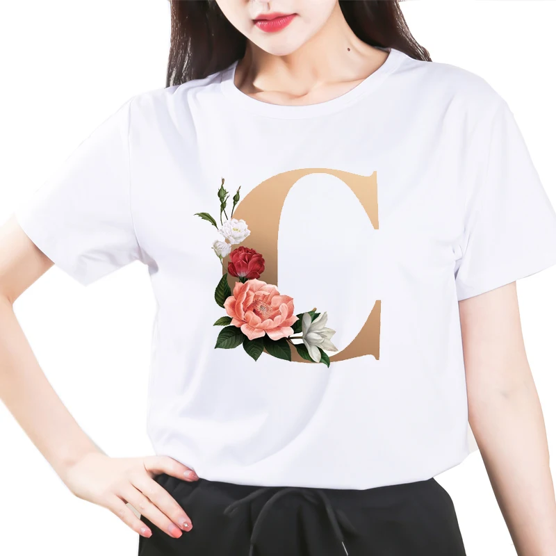 

Women's Custom Name Rose Letter Combination Printing T-shirt Flower Letter Font C Short sleeve Tshirt,Drop Shipping