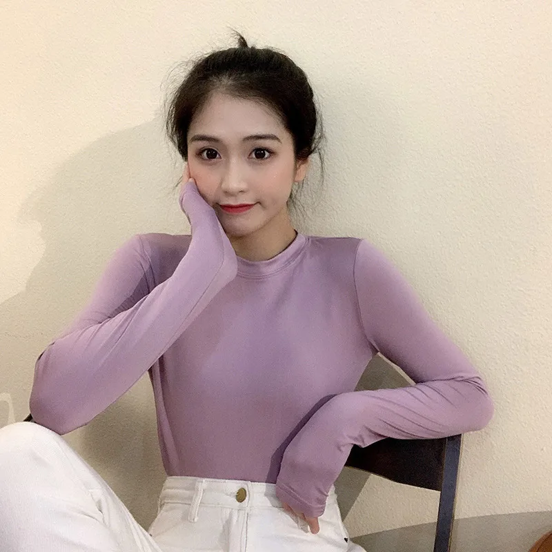 

Autumn Women Long Sleeve Slim Fit T-shirt Solid Color Round Neck Bottoming Tops Pullover Daily Clothing Fashion Casual Turtlen