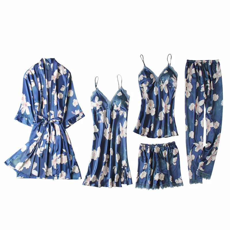 

Blue Sweet Flower Print 5PCS Pajamas Suit Women Casual Satin Sleepwear Sexy Strap Top&Pant Nightwear Spring Lace Trim Home Wear