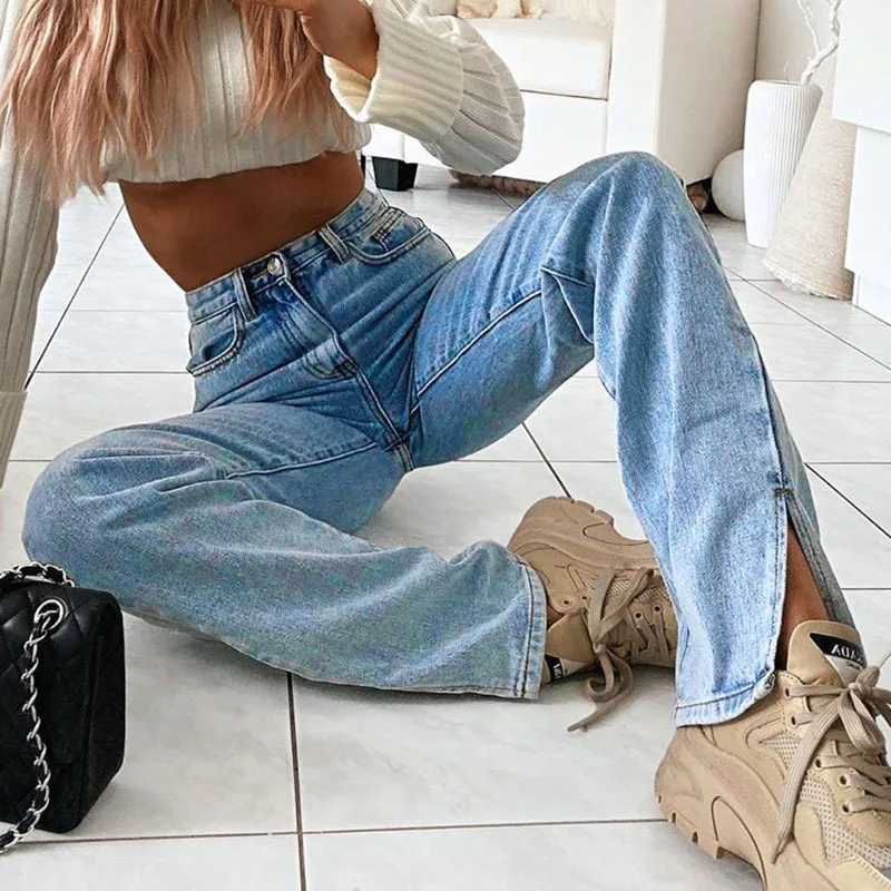 

2021 New Arrival Summer Style Female Fashion Summer Blue Solid Loose Denim High Waist Night Club Sexy Denim Stright Pants