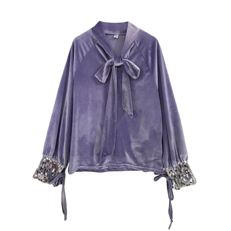 

Fashionable autumn and winter clothing new bow tie with sequins loose loose thin velvet long-sleeved shirt