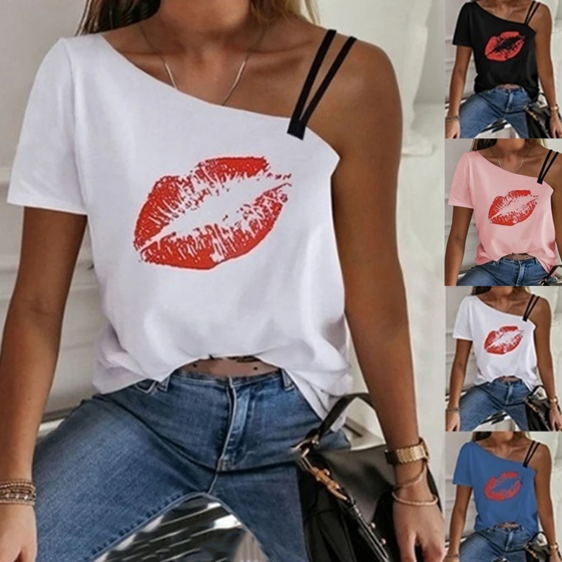 

2020 New Summer Fashion Red Lips Print T Shirt Irregular Off Shoulder T-shirt Sexy Breathable Mature Streetwear All-Match Tops