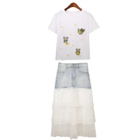 womens suit cartoon embroidery t shirt and mesh gauze denim skirt summer 2 piece set 2022 matching outfit clothes