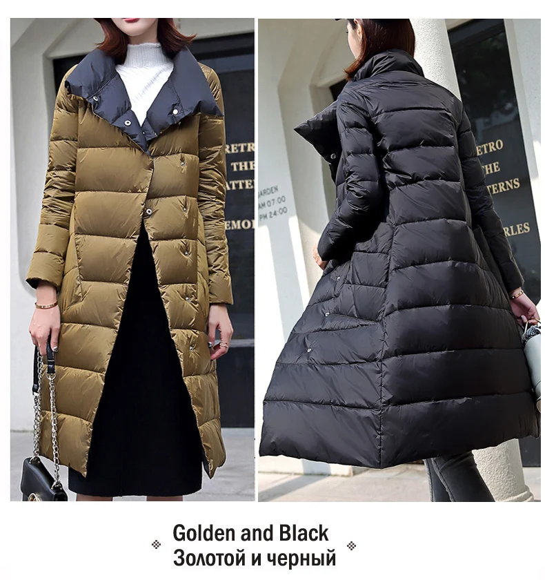 Double Sided Women's Down Jacket Long Winter Turtleneck White Duck Down Coat Female Double Breasted Plus size Warm Plaid Parkas