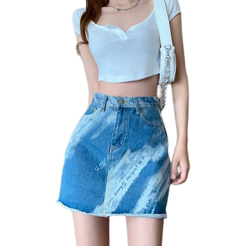

Summer Skirt Women High Street Style Denim Skirt Loose High Waist A-line Skirt Bag Hip Print Contrast Color Do Old Mini Skirts
