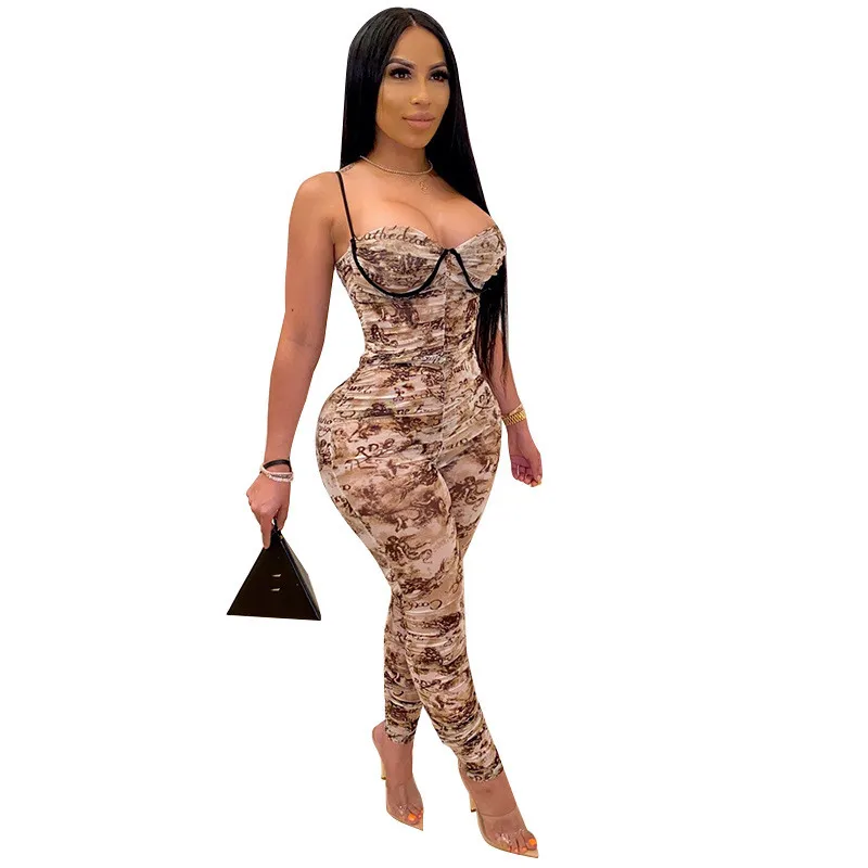 

Factory Direct Sales Fashion Sexy Topless Sling Top Digital Print Tight Slim Jumpsuit Women