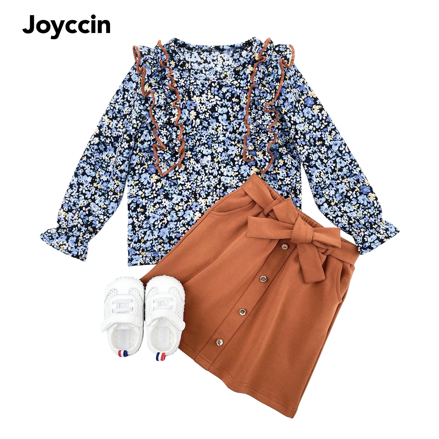 

Joyccin Toddler Girl Cloths Suits Long Puff Sleeves Ruffle Matching Floral Print Top & Button Belted Bow Skirt Children's Sets