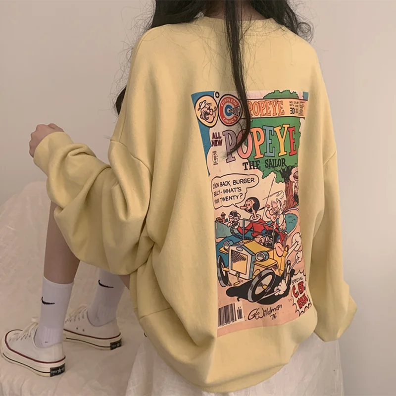 

New Autumn Harajuku Women Sweatshirt Funny Cartoon Print Pullover Hoodie Blouse Tops Clothes Oversize Fleece Moletom Ropa Mujer