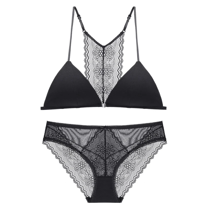 

Backless Front Closure Bra And Panty Sets For Women Triangle Cup Wireless Thin Comfort Lace Underwear Sexy Lingerie White Black