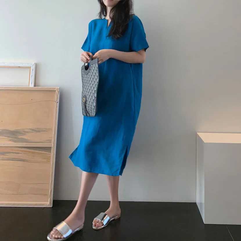 

COIGARSAM Casual Short Sleeve Women dress New Summer Cotton Linen Loose Straight Dresses Blue 711