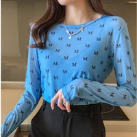 2022 summer women blouses shirts letter printing tops sexy transparent mesh blouse elegant see through breathable thin shirt